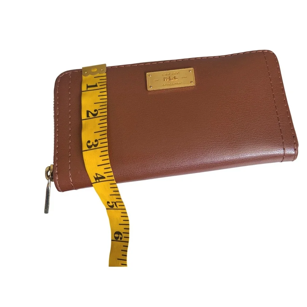 Lauren Ralph Lauren Brown Leather Zip Around Wallet Gold Logo Plaque Cognac